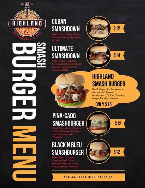 Highland Smash Burgers Menu